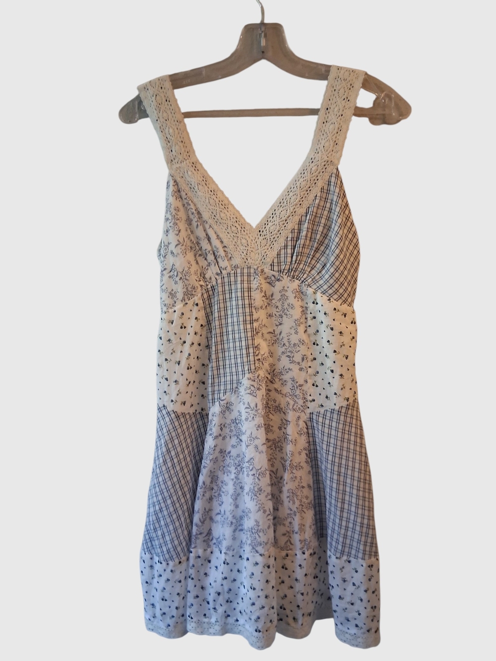 American Eagle Blue and White Patchwork Lace-Trim Mini Dress - Picture 3 of 7